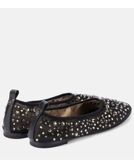 Tory Burch Black Crystal-Embellished Mesh Ballet Flats