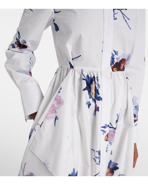 Erdem White Floral-Print Long-Sleeve Cotton-Poplin Midi Shirt Dress