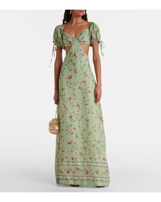 Agua Bendita Green Cielo Honeysuckle Floral Linen Maxi Dress