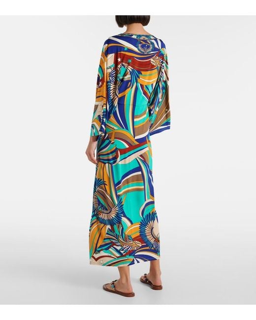 Camilla Blue Draped Printed Jersey Maxi Dress