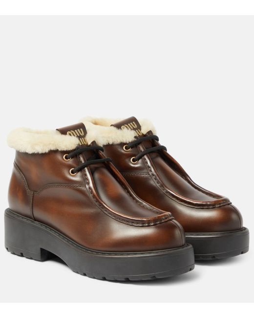 Miu Miu Brown Shearling-trimmed Leather Ankle Boots