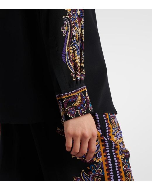 Etro Black Silk Shirt With Placed Paisley Foliage Print