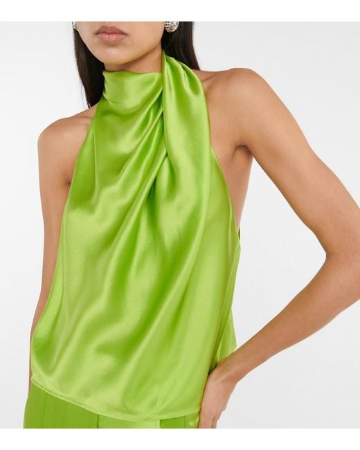 The Sei Green Draped High-Neck Silk Satin Top