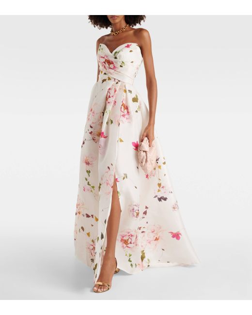 Monique Lhuillier White Floral Strapless Silk Gown