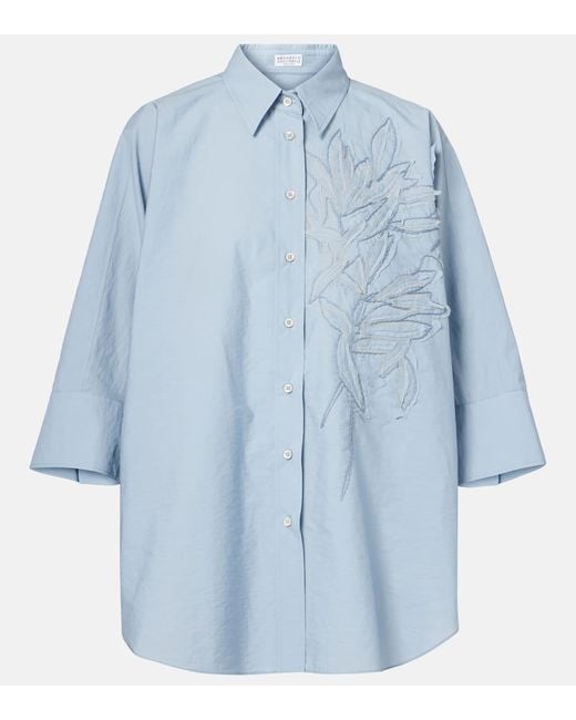 Brunello Cucinelli Blue Embroidered Cotton Shirt