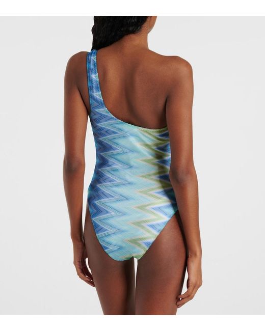 Missoni Blue Zigzag One-Shoulder Swimsuit