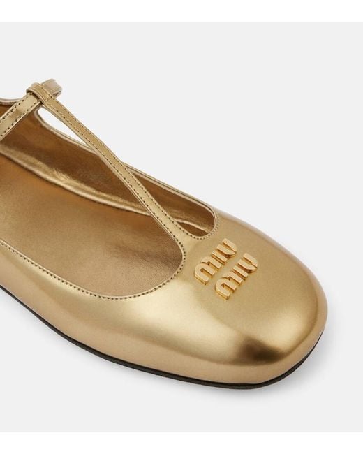 Miu Miu Brown Logo Metallic Leather Ballet Flats