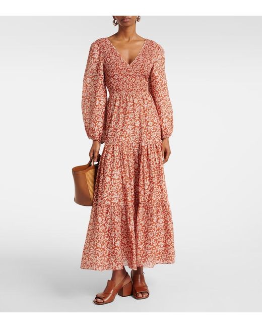 Rixo Orange Brooke Floral Cotton And Silk Midi Dress