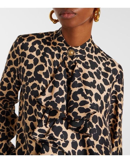 Balmain Black Leopard-Print Ruffled Silk Blouse