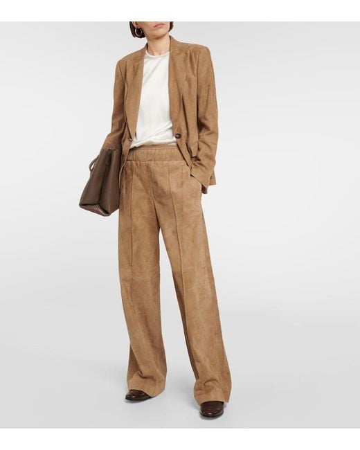 Brunello Cucinelli Natural Wide-Leg Suede Pants