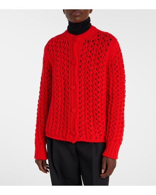 Jil Sander Red Open-Knit Wool Cardigan