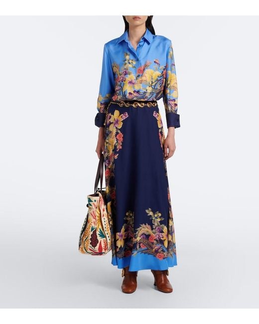 Etro Blue Floral Silk Crepe De Chine Maxi Skirt
