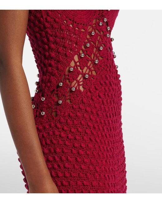 Rabanne Red Embellished Crochet Cotton Midi Dress
