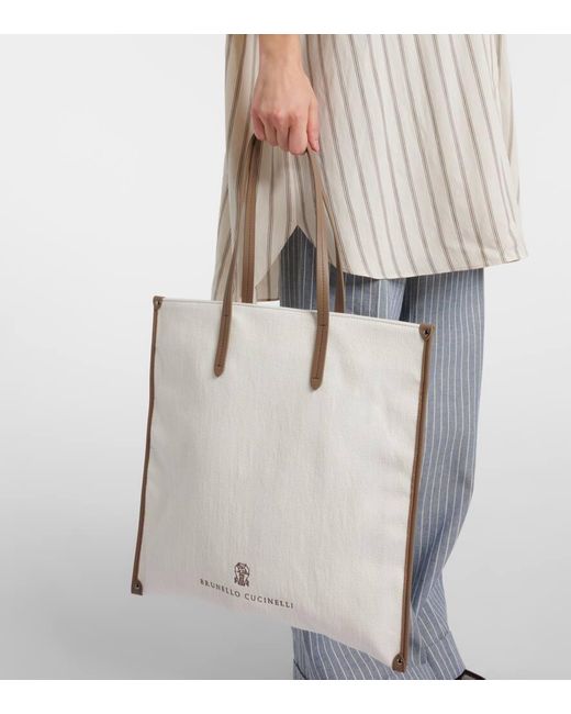Brunello Cucinelli White Tote Leisure Large Aus Canvas