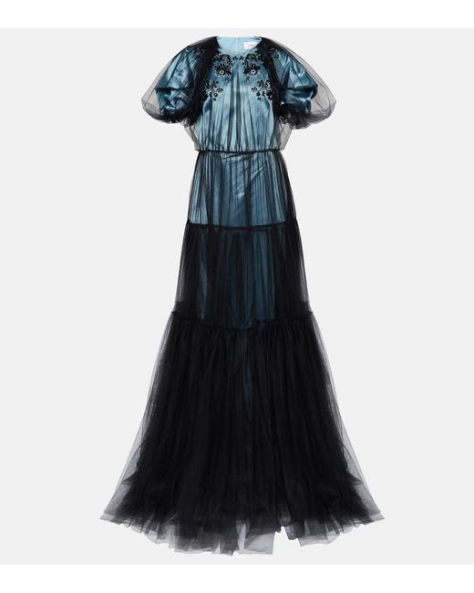 Erdem Blue Tulle-layered Crystal-embellished Satin Gown