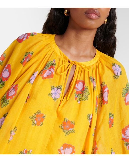 ALÉMAIS Yellow Balloon-Sleeve Floral Minidress