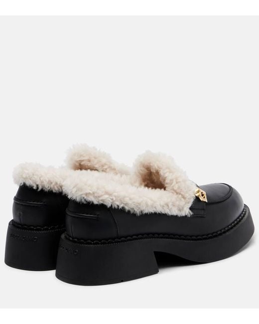 Ferragamo Black Caminia Shearling-Trimmed Leather Loafers