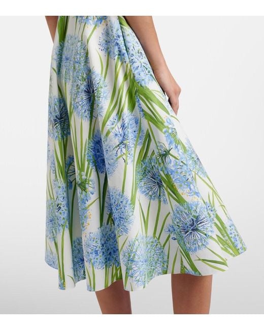 Oscar de la Renta Blue Floral Cotton-Blend Poplin Midi Dress