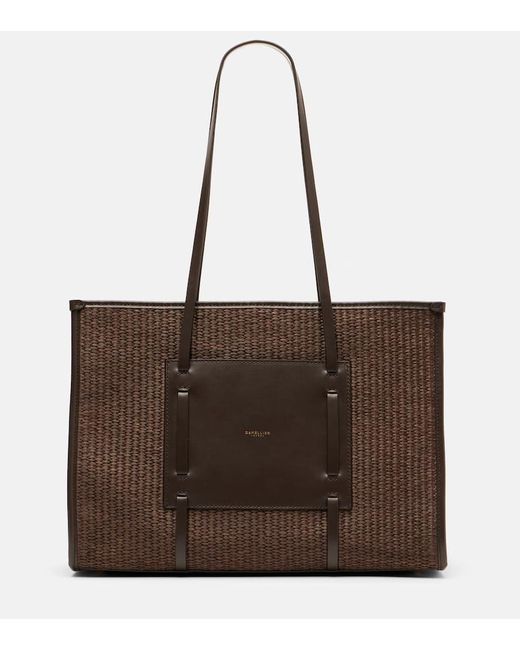 DeMellier London Brown Capri Leather-Trimmed Raffia Tote Bag
