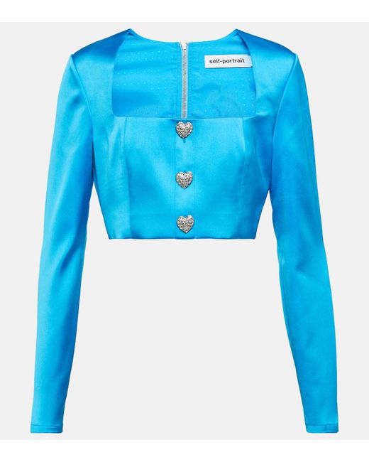 Self-Portrait Blue Crystal-Embellished Satin Crop Top
