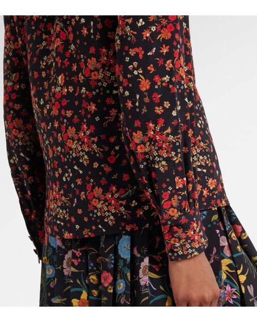 Gucci Red Bow-Detail Floral Silk Blouse