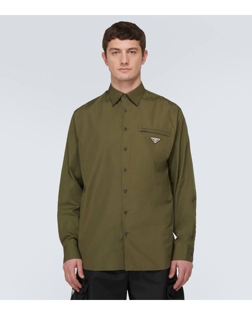 Camicia in cotone con logo di Prada in Green da Uomo