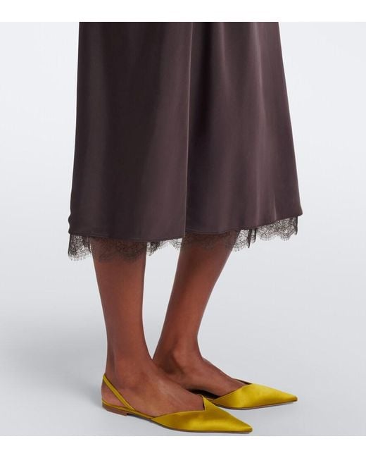 Vince Brown Lace-Trimmed Satin Midi Skirt