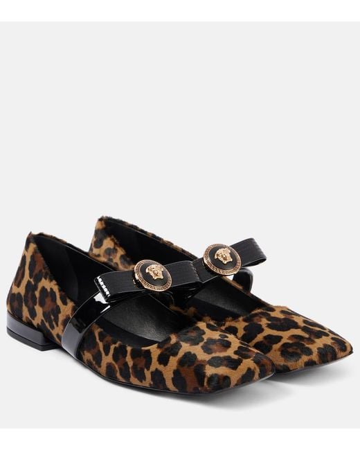 Versace Black Gianni Ribbon Calf Hair Mary Jane Flats