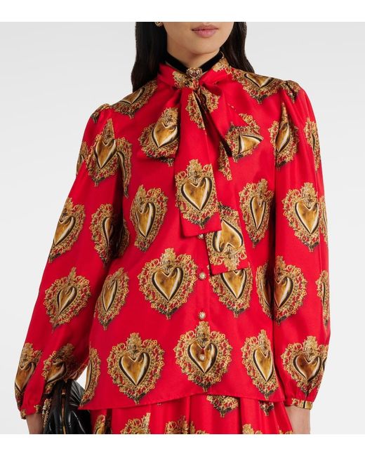 Dolce & Gabbana Red Printed Tie-Neck Silk Blouse
