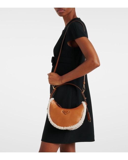 Prada Brown Arque Small Shearling-Trimmed Leather Shoulder Bag