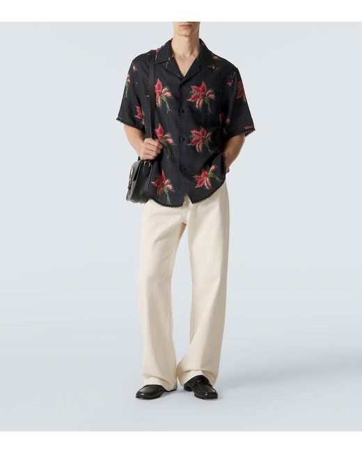 Valentino Black Floral Lace-Trimmed Linen Bowling Shirt for men