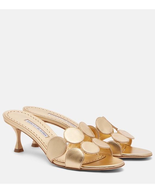 Manolo Blahnik Natural Haribalmu 50 Leather Mules