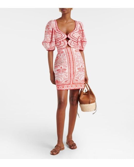 Farm Rio Red Printed Cutout Linen-Blend Minidress