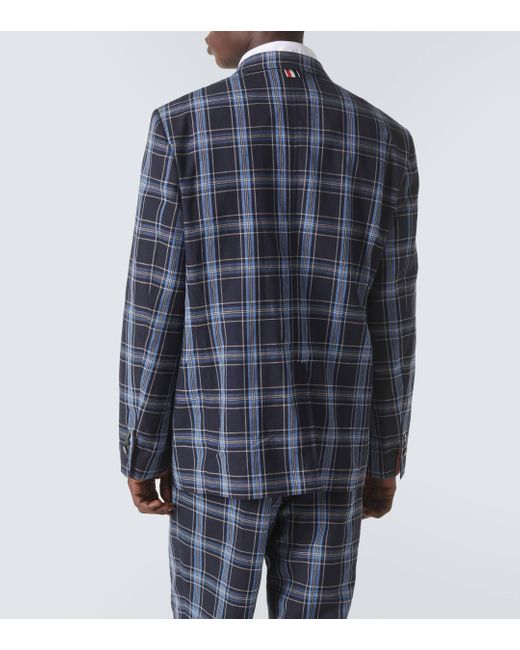 Thom Browne Blue Checked Wool And Linen Blazer for men