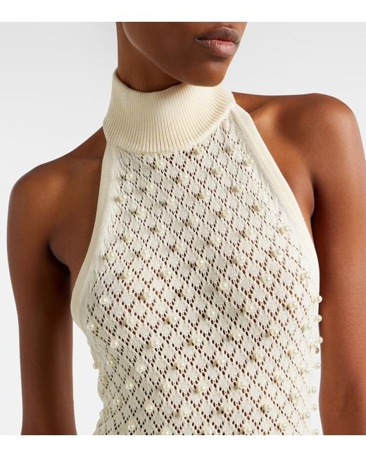 David Koma White Crochet Embellished Turtleneck Gown