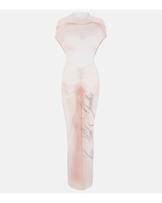 Jean Paul Gaultier Pink Bedrucktes Maxikleid Le Classique Aus Mesh
