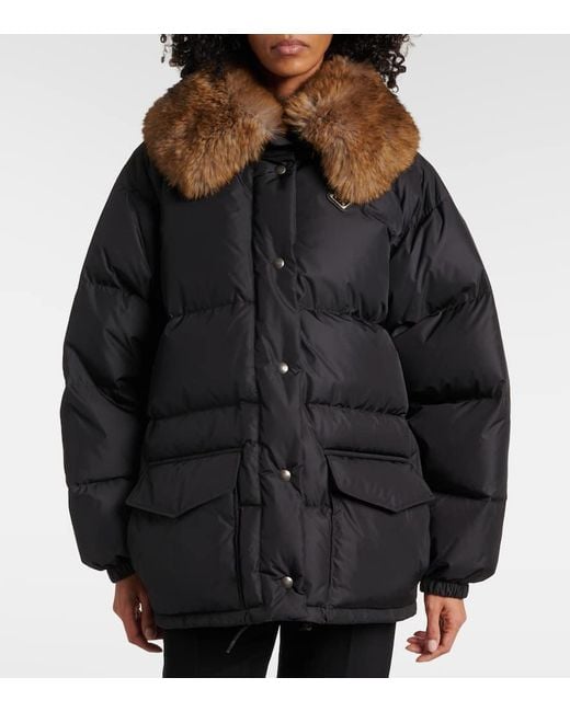 Prada Black Faux Fur-Trimmed Down Jacket