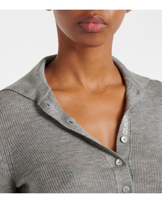 Gucci Gray Polopullover Web Stripe Aus Kaschmir Und Seide