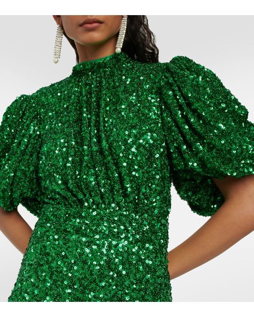 ROTATE BIRGER CHRISTENSEN Green Embellished Puff-sleeve Maxi Dress