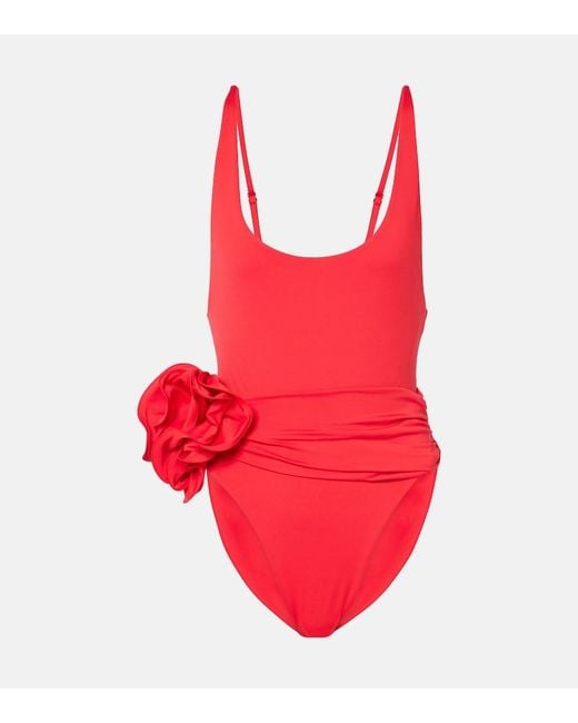 Magda Butrym Red Floral-Applique Ruched Swimsuit