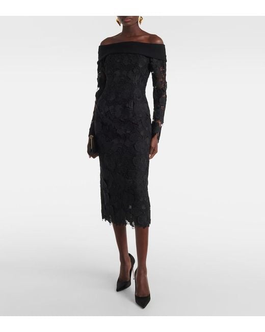 Oscar de la Renta Black Orchid Floral Guipure Midi Dress