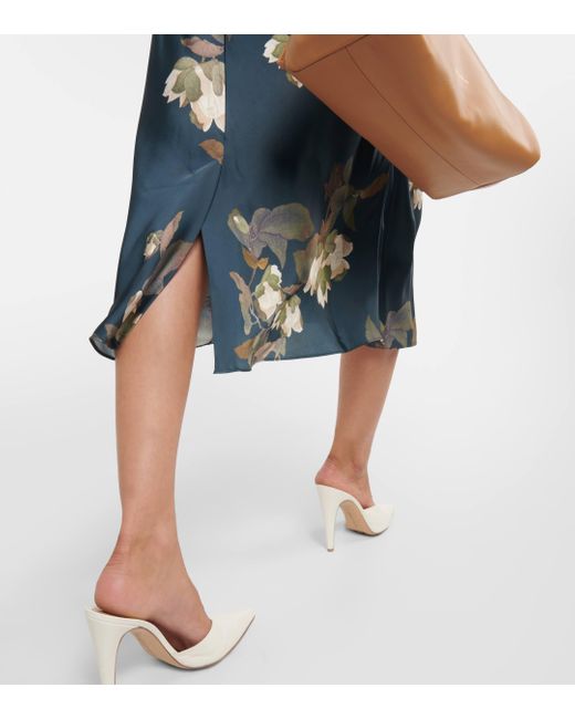 Vince Green Floral Silk Satin Midi Skirt