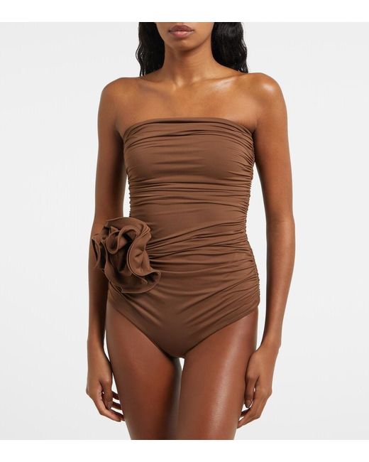 Magda Butrym Brown Floral-Applique Ruched Swimsuit