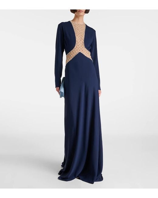 Costarellos Blue Inara Embellished Cutout Tulle Gown