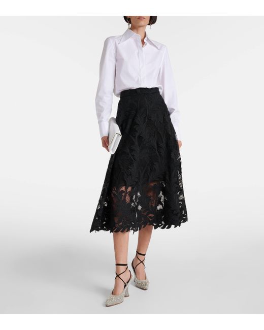 Oscar de la Renta Black Floral Guipure Lace Midi Skirt