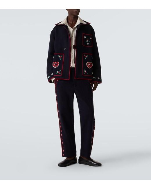 Bode Blue Carroll Embroidered Wool Straight Pants for men