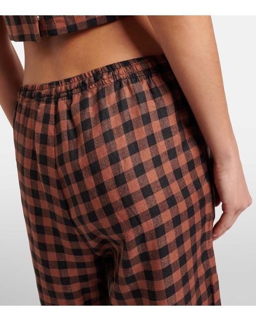 Asceno Brown Checked Linen Wide-Leg Pants