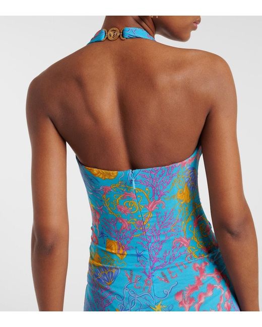 Abito Lungo Con Stampa di Versace in Blue