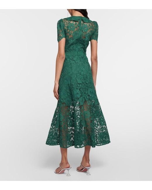 Self-Portrait Green Selbstporträt Midi Kleid in Blumenspitze mit Juwelenknöpfen