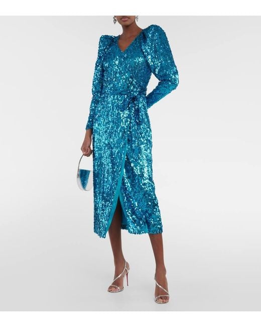 ROTATE BIRGER CHRISTENSEN Blue Puff-Sleeve Sequined Wrap Dress